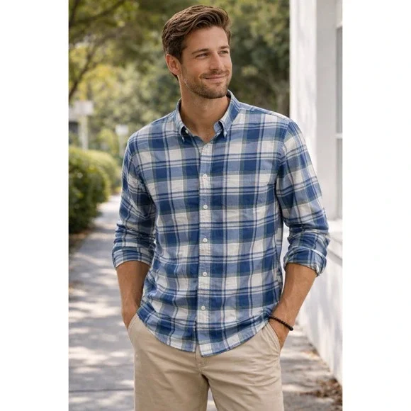 IZOD Saltwater Plaid Shirt Men XL Blue Green Coastal Button‎ Down Cotton - Picture 2 of 7